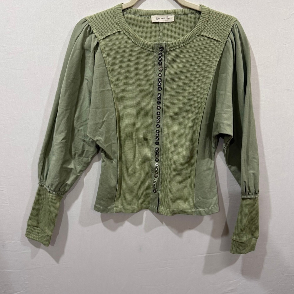 Doe‎ and Rae Olive Green Mixed Media Waffle Knit Puff Sleeve Button Down Top S